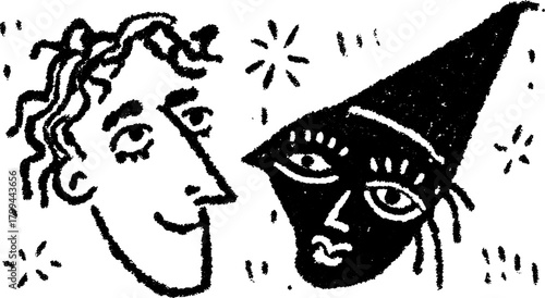 Faces of a person and a character in a simple black and white vector illustration. Unique and playful design featuring expressive elements.