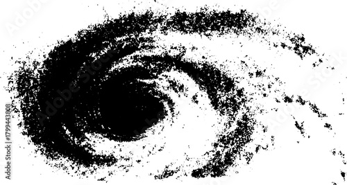 Engraving illustration of a swirling cosmic formation. Black silhouette design with stipple texture in vintage style, created as a vector set.