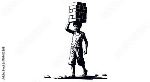 A young boy carries a heavy stack of bricks on his head, depicting child labor and hardship.