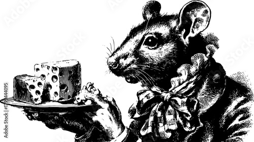 A mouse holding a plate with cheese. Vintage black and white vector illustration featuring detailed animal character design in classic style.