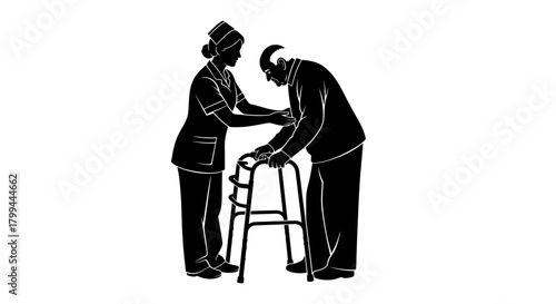 A nurse in uniform provides compassionate assistance to an elderly man using a medical walker.