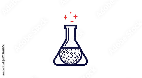 A stylized illustration of a conical flask with a bubbly liquid inside, emitting red sparkling stars, representing science, experiments, or a magical potion.