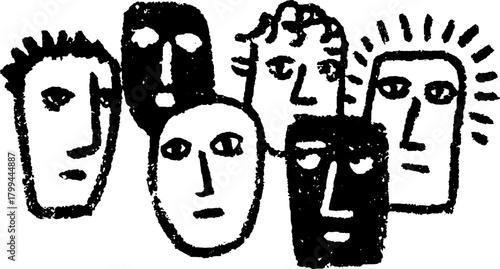 Stylized faces in a flat graphic illustration. Black and white minimal artwork showcasing a diverse community set in vector format.