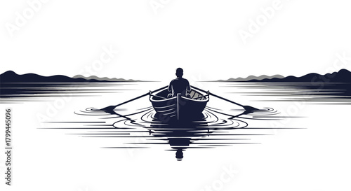 A serene black and white silhouette of a person rowing a small boat on a calm lake with reflections and distant hills.
