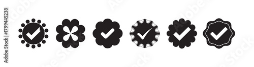 Abstract Checkmark Seal Icons, Modern Approval Badge, Verification Stamp & Trusted Quality Symbol Set
