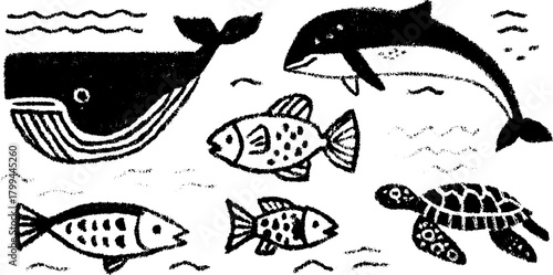 Hand-drawn silhouettes of ocean creatures: whale, dolphin, fish, and turtle. Black outline vector illustration set showcasing aquatic life.