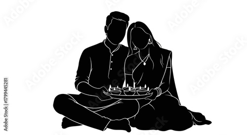 A silhouette of an Indian couple celebrating a festival, holding a tray with lit diyas.