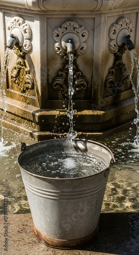 Close-up of a decorative fountain with water flowing into a bucket placed at the base in an outdoor setting