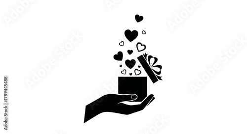 A black silhouette of a hand holding an open gift box with hearts floating out, symbolizing love, generosity, and surprise.