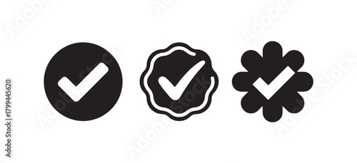 Set of Black Checkmark Labels, Quality Assurance Badge and Approved Icon Pack, vector illustration EPS 10.