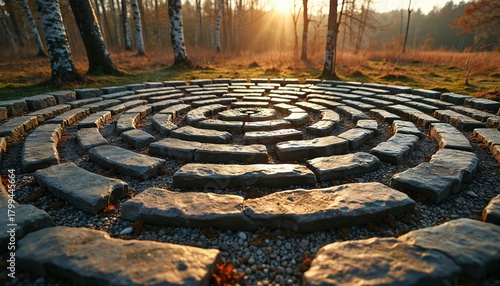 Stone labyrinth path winds through bare trees in autumn forest. Sun shines through branches onto gravel walkway. Nature scene offers quiet contemplation and spiritual journey.