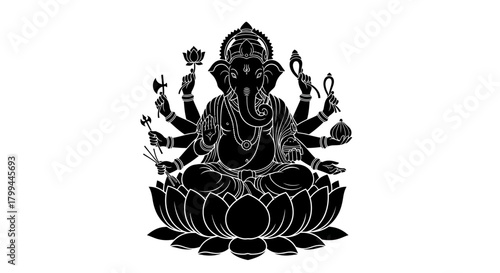 Black silhouette of the Hindu deity Ganesha with an elephant head and multiple arms, seated on a lotus flower, representing wisdom and prosperity.