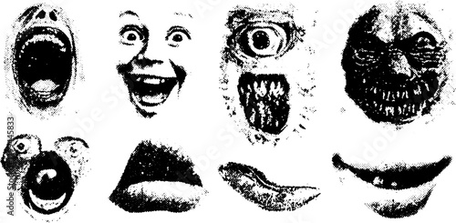 Variety of face expressions in a graphic style. Distorted mouths and eyes showcased in a unique vector illustration set.