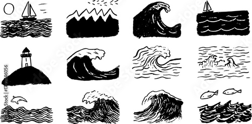 Ocean waves and a boat illustration in black and white sketch style. Nature elements like a lighthouse, fish, and dolphin in a vector art set.