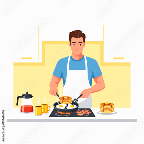 Young man cooking breakfast with eggs and pancakes in kitchen  