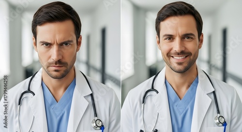 Side-by-side comparison of two male healthcare professionals wearing white lab coats and stethoscopes in a clinical setting, showing different facial expressions and moods