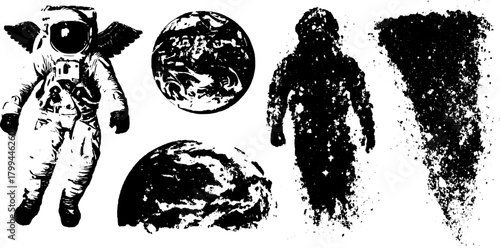 Astronaut with wings in black and white silhouette. Earth planet graphic set with unique vector illustration and cosmic themes.