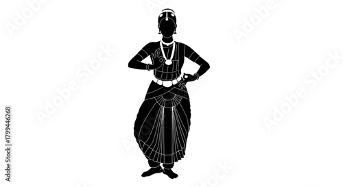 Silhouette of a classical Indian dancer in a traditional pose with elaborate jewelry and costume.