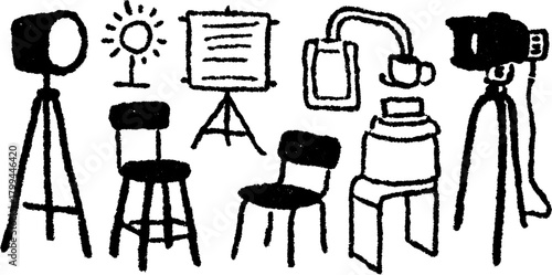 Camera and lighting equipment in a minimal vector illustration set. Includes chairs, stools, and easels, creating a studio scene.