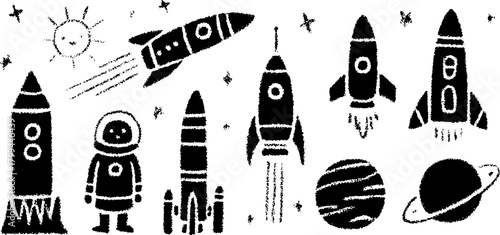 Rocket and astronaut vector illustration in black and white style. Celestial elements include planets and stars in a simple set.