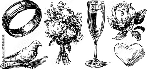 Vintage illustration set featuring a ring, flower bouquet, champagne glass, rose, bird, and heart in a classic black outline vector style.