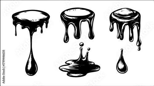 Black paint drips and splashes in a vintage illustration style. This set of graphic elements captures artistic details in a classic vector format.