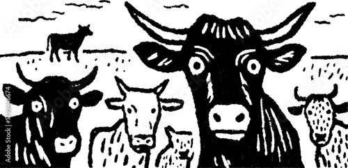 Cows in a hand-drawn style set. Simple and monochrome vector illustration of a farm scene featuring a herd of cows.