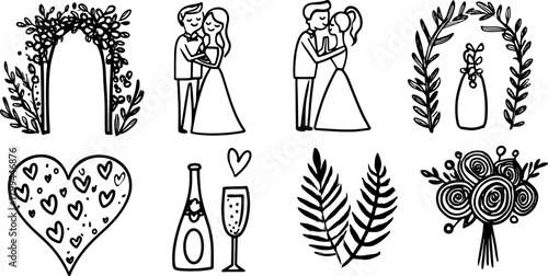 Silhouette of a couple in love with a wedding arch. Hand-drawn elements include hearts, champagne, flowers in a vector illustration set.