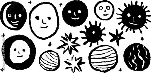 Illustration of space elements including the sun, moon, and planets with playful faces. Cartoon vector artwork set for creative projects.