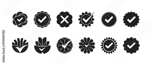 Verified Checkmark Badge Pack, Black Approval Seal and Quality Icon Collection, vector illustration EPS 10.