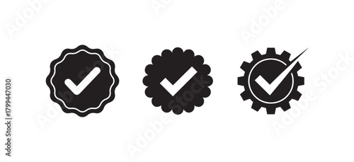 Minimal Black Checkmark Emblem Collection, Approval Stamp and Badge Icons, vector illustration EPS 10.