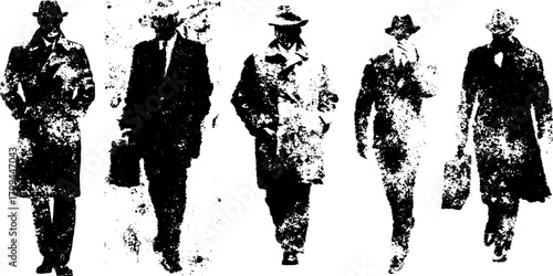 Professional men in stylish suits and hats walking confidently. This vector illustration features business attire in a cohesive set.