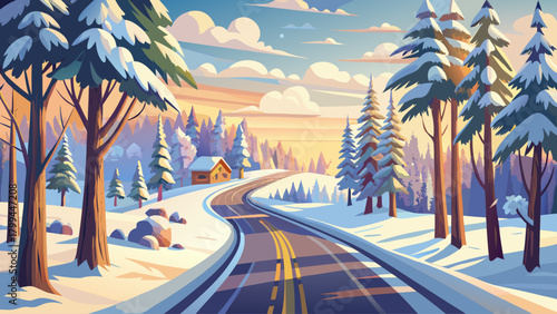A gentle winter view showing a countryside road winding through tall trees layered in snow, capturing the quiet charm and purity of rural nature in winter