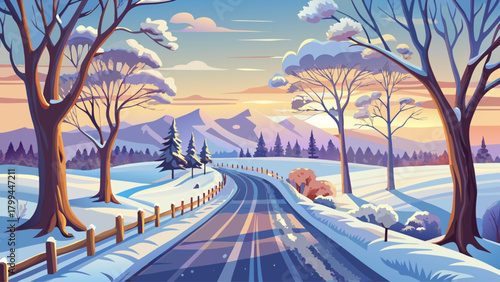 A peaceful countryside scene featuring a narrow rural road coated in fresh snow, with bare and frost-covered trees standing on both sides, creating a serene winter atmosphere