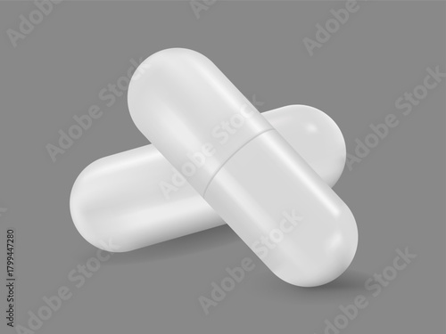 two white hard starch capsule pills isolated on grey background. White Medical Pills or set closeup. Capsules for Graphics, Mockup. Medical and Healthcare Concept. 