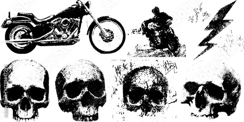 Motorcycle and skull graphics showcasing a biker aesthetic. Bold vector illustration set in black with a lightning design element.