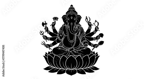Detailed black silhouette of the Hindu deity Ganesha with multiple arms, seated on a lotus flower, holding various traditional attributes.