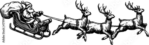 Santa in a sleigh pulled by reindeer. Vintage vector illustration featuring a holiday scene.