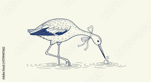 A graceful wading bird with a bow around its neck delicately pecks at a small pearl in shallow water, depicted in a charming line art style.