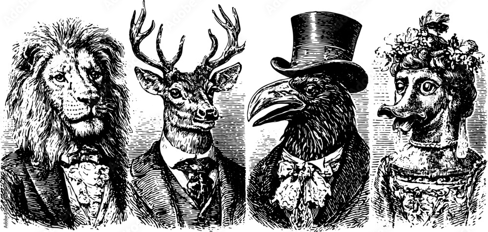 Obraz premium Engraved representations of various animals in a vintage style. This set features a lion, deer, raven, and duck in detailed vector illustration.