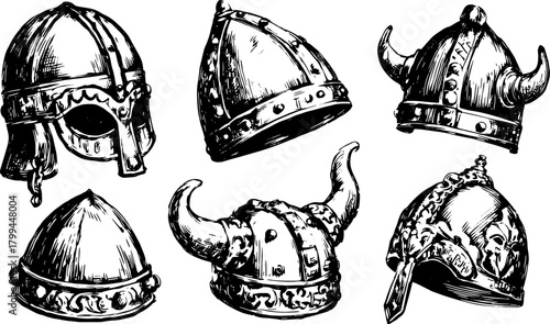 Collection of helmet illustrations in vintage style. Detailed sketches of viking and medieval helmets, presented as a vector illustration.