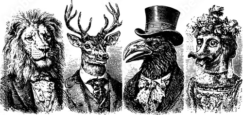 Engraved representations of various animals in a vintage style. This set features a lion, deer, raven, and duck in detailed vector illustration.
