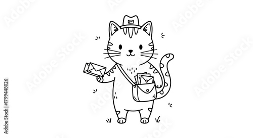 Cute cartoon cat dressed as a mail carrier holding letters, black and white outline drawing perfect for coloring.