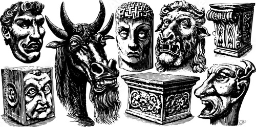 Statue carvings featuring expressive faces and horse heads. Detailed vector illustration showcasing classical art in a set.