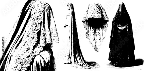 Antique engraving illustration featuring vintage silhouettes in a set. Detailed hand-drawn artwork in black and white showcasing classic fashion styles.