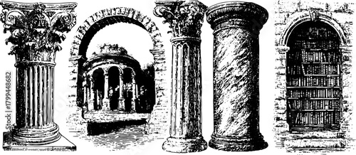 Antique columns in an engraved style. Vintage hand-drawn illustration featuring detailed outlines. A set showcasing the elegance of classical architecture in vector format.