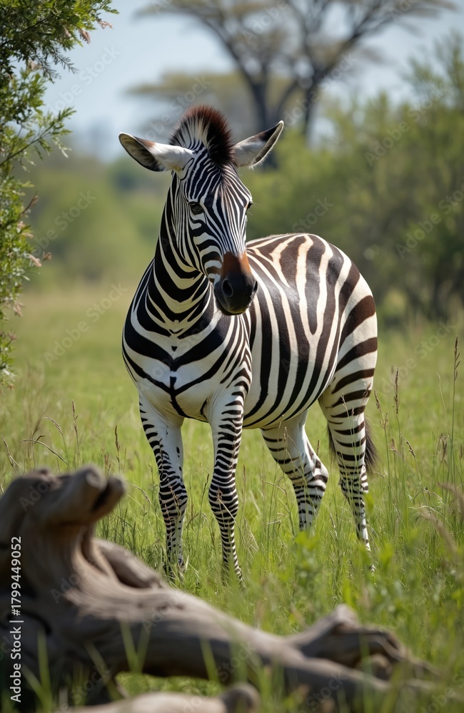 Naklejka premium Lone zebra stands in grassy savanna. Black and white stripes are clear. It looks at camera in natural wild habitat. Trees are in background. It is daytime.