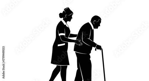 Silhouette of a female nurse assisting an elderly man with a walking stick.