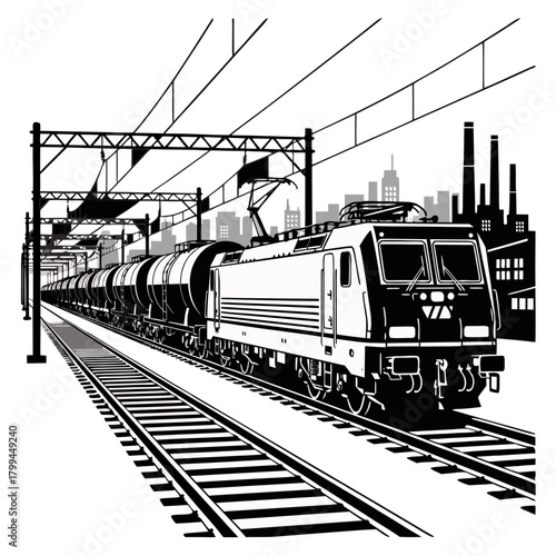Electric Freight Train Tanker Cars Vector, Railway Transportation Industry Graphic, Locomotive with Pantograph and Cargo, Industrial Train Black and White Illustration, Rail Transport in Cityscape Bac