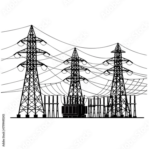 Electric Power Substation Silhouette Graphic, High Voltage Energy Transmission Art, Industrial Electricity Grid Vector, Utility Infrastructure Distribution Icon, Transformer Station Black and White